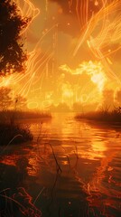 Wall Mural - Golden Sunset over a Swamp with Abstract Lines