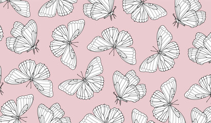 Naklejka na meble Delicate pink background with butterflies. Black outline of butterflies on a pink background. Vector illustration.