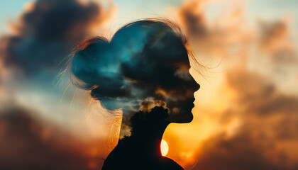 Double exposure of a woman's profile with a sunset sky, blending human and nature elements in a beautiful and artistic way