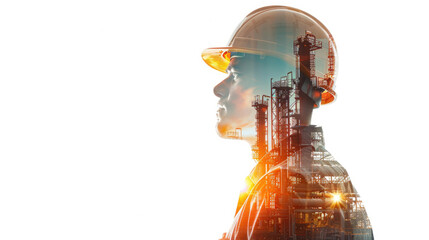 Portrait of a construction worker man with safety helmet letting see city buildings under construction. Transparent background or PNG file.