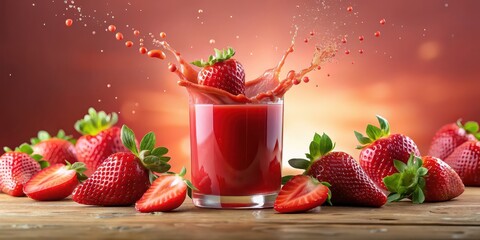 Strawberry juice splashing and surrounded by fresh strawberries, Strawberry, juice, splashing, fruit, isolated, red, sweet