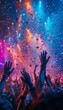 © AI PIC - Ultra-sharp photo of a concert party stadium rock festival, vibrant atmosphere, colorful lights, hands raised high, dynamic energy.