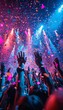 © AI PIC - Ultra-sharp photo of a concert party stadium rock festival, vibrant atmosphere, colorful lights, hands raised high, dynamic energy.