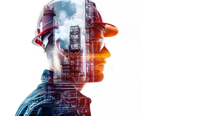 Portrait of a construction worker man with safety helmet letting see city buildings under construction. Transparent background or PNG file.