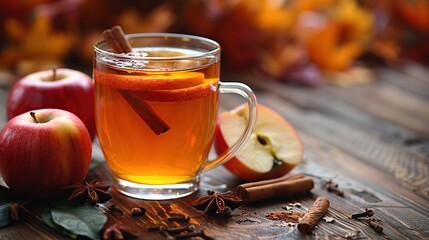 Poster - Warm Apple Cider with Cinnamon Sticks and Star Anise on Wooden Table