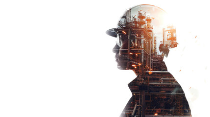 Portrait of a construction worker man with safety helmet letting see city buildings under construction. Transparent background or PNG file.