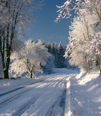 Poster - Snowy Road Through Forest with Blue Sky