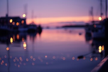 Sticker - A tranquil harbor scene at dusk with a bokeh effect on the water