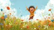 © Aleksandra - An illustration of a child joyfully running through a field of wildflowers exuding the pure emotion of happiness and carefree joy