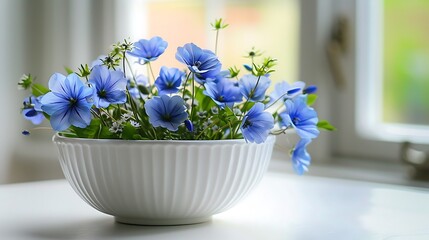 A modern homes design includes blue spring flowers in a white porcelain bowl