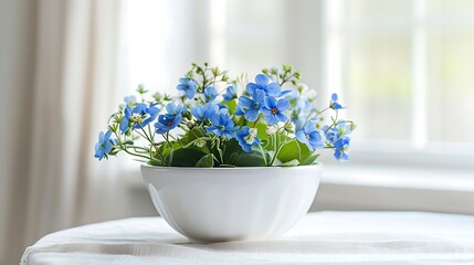 A modern homes design includes blue spring flowers in a white porcelain bowl