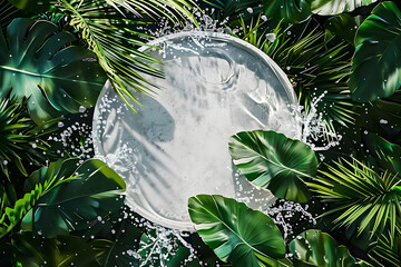 Wall Mural - circle shape in splashing water over tropical plants flat lay of minimal nature style concept 3d rendering