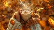 © ngstock - A close-up of a person wearing a cozy knitted sweater, holding a steaming cup of hot cocoa, surrounded by autumn leaves, warm and inviting