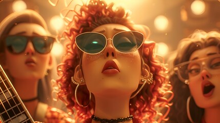 close-up of a woman with red curly hair, wearing large sunglasses, a black choker necklace, and a pi