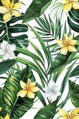 Wall Mural - illustration  floral pattern with green jungle leaves and blossoms