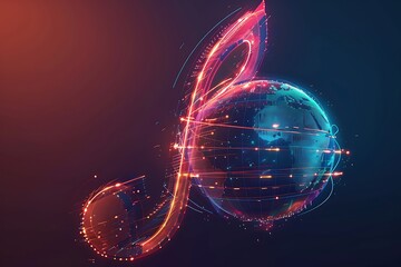 Wall Mural - A vibrant musical note composed of glowing lines, transforming into a stylized globe, symbolizing the global reach of music. Great for a music distribution platform.