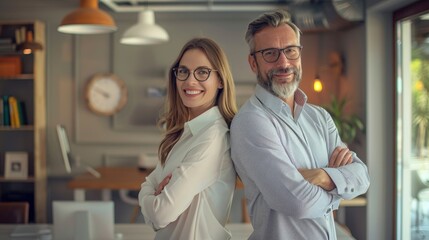 Successful happy businessman and businesswoman standing back to back with arms crossed and smiling at camera, office interior. Partnership concept - generative ai