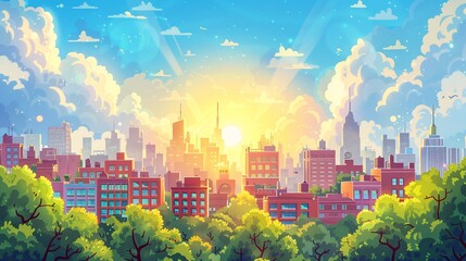 Wall Mural - Whimsical cartoon city illustration with a sunny burst background, capturing the charm and energy of urban architecture and city life.