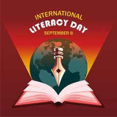 International Literacy Day Creative Design. Literacy, global map, pen nib, Open Book vector isolated on red Template for background. Literacy Poster, vector, illustration, Sep 8. Holiday concept.