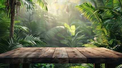 Wall Mural - Wooden table with tropical jungle backdrop, featuring ample copy space for product advertising in a lush, green environment.