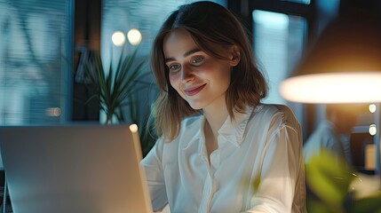 Wall Mural - Young smiling confident happy successful employee IT businessman wears white shirt casual clothes hold use work on laptop pc computer surfing internet sit at office desk - generative ai