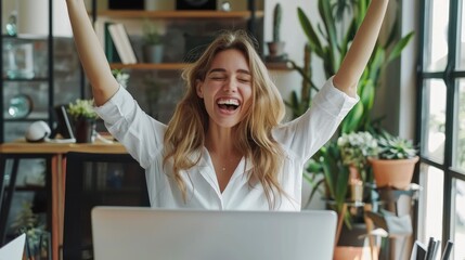 Wall Mural - Young smiling confident happy successful employee IT businessman wears white shirt casual clothes hold use work on laptop pc computer surfing internet sit at office desk - generative ai