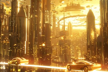 Wall Mural - A virtual, futuristic cityscape at dusk with golden light and levitating cars. futuristic cityscape, golden light