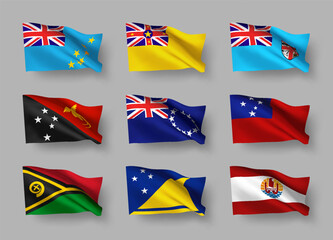 Wall Mural - A set of 9 vector flag icons of Pacific islands countries with shadows, isolated on grey background. 3D styled design elements from world collection created using gradient mesh