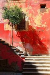 Sticker - Red Wall with Tree and Stairs