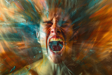 Wall Mural - concept burnout -  illustration female person screaming in double exposure of head dissolves