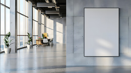 Canvas Print - An empty poster frame in a modern office interior, on a concrete wall, with natural light from windows, concept of advertising space. Generative AI