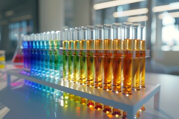 Wall Mural - Rainbow Laboratory Test Tubes, Blurred Background, Color Laboratory Test Tubes on Rack, Research Lab