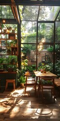 Poster - The sunlight shines through the glass into the room with green plants