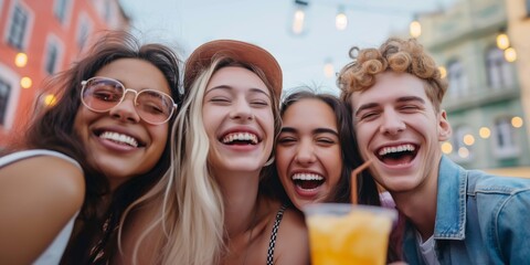 Wall Mural - A group of friends at a party, laughing and taking selfies, enjoying drinks and having fun.