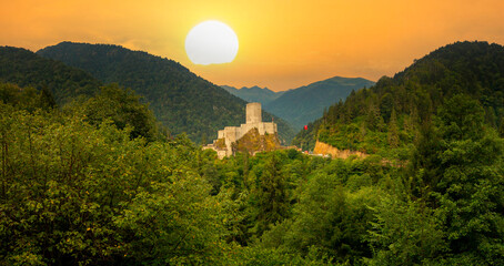 Historical Zilkale (Zil Kale) Castle located in Camlıhemsin, Rize and Kackar Mountains in the background