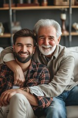 Wall Mural - A senior father and his adult son share a heartwarming hug at home, smiling.