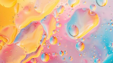 Poster - Oil droplets in water on colored surface Pastel bubble pattern Fluid design Close up