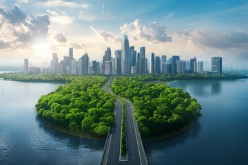 Wall Mural - A panoramic aerial view of downtown district at sunset, featuring modern skyscrapers, a river, and a highway.