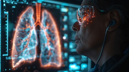 Wall Mural - Healthcare provider reviewing a digital hologram of a human lung, highlighting advanced medical imaging and diagnostic techniques