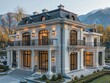 © gulka - The image captures a luxurious neoclassical mansion adorned with large windows and ornate balconies, set against a picturesque backdrop of nature and mountains.