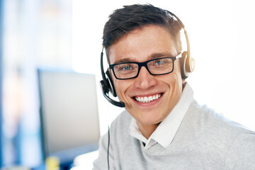 Poster - Man, headset and happy in workplace with portrait as virtual assistant, communication staff and employee. Male person, smile and microphone with technical support, call center and customer service