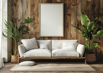 A stylish minimalist living room features a comfortable white sofa, large leafy plants, and a wooden background wall to create a cozy atmosphere.