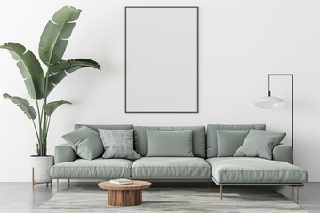 This image presents a modern minimalist living room, showcasing a light green sofa, a large potted plant, a blank wall art frame, and elegant furnishings, exuding a tranquil atmosphere.