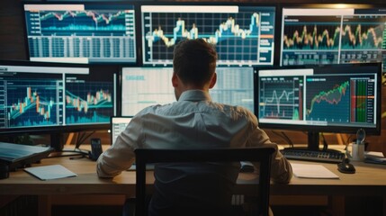 Stock market manager analyzing financial data on multiple screens, copy space, economic growth, realistic, Composite, modern office backdrop