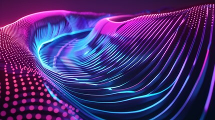 Wall Mural - Abstract neon pink and blue background featuring flowing wave patterns with dotted accents. The illuminated design creates a sense of motion and energy