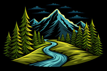 Wall Mural - illustration vector of green forest with pine trees and mountains and river at night time, cartoon landscape background