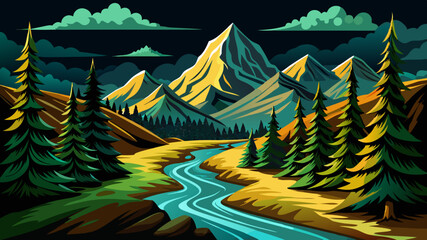 Wall Mural - illustration vector of green forest with pine trees and mountains and river at night time, cartoon landscape background