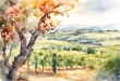 © wafi - rural scene hill watercolor fragments trees mountain vinery hills vineyard grape vignetting illustration landscape field