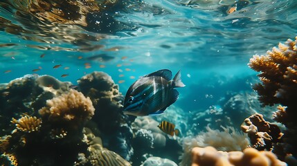 Wall Mural - Fish in the tropical sea underneath the coral reef very detailed and realistic shape