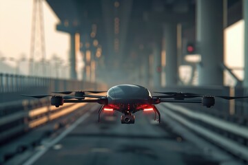 Wall Mural - A drone is used to take a unique aerial photo of an urban setting at sunset, revealing a bridge and cityscape AIG62